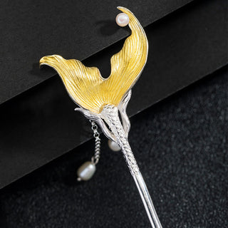 Buddha Gift 925 Sterling Silver Classical Chinese Style Fish Tail Pearl Tassel Calm Hairpin