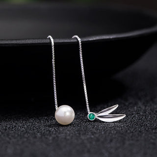 Buddha Gift 925 Sterling Silver Zircon Pearl Bamboo Leaves Protection Drop Earrings