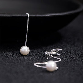 Buddha Gift 925 Sterling Silver Zircon Pearl Bamboo Leaves Protection Drop Earrings