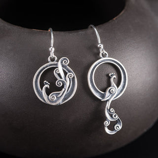 Buddha Gift 925 Sterling Silver Round Asymmetry Peacock Fortune Earrings