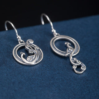Buddha Gift 925 Sterling Silver Round Asymmetry Peacock Fortune Earrings