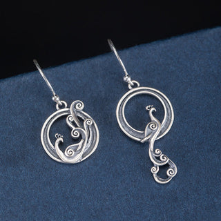 Buddha Gift 925 Sterling Silver Round Asymmetry Peacock Fortune Earrings