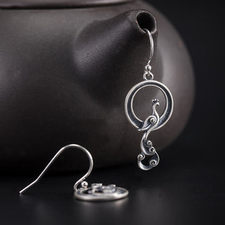 Buddha Gift 925 Sterling Silver Round Asymmetry Peacock Fortune Earrings