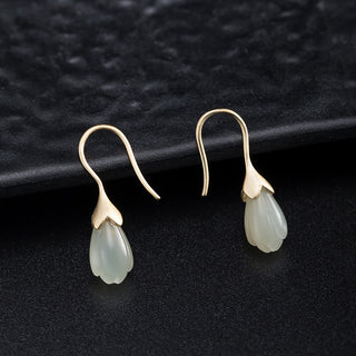 Buddha Gift 925 Sterling Silver Hetian Jade Magnolia Abundance Drop Earrings