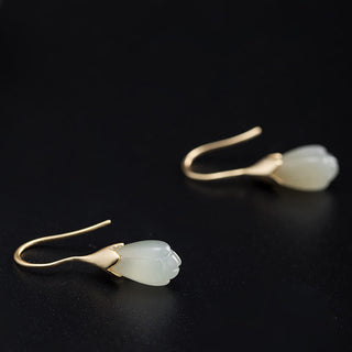 Buddha Gift 925 Sterling Silver Hetian Jade Magnolia Abundance Drop Earrings