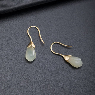 Buddha Gift 925 Sterling Silver Hetian Jade Magnolia Abundance Drop Earrings