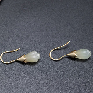 Buddha Gift 925 Sterling Silver Hetian Jade Magnolia Abundance Drop Earrings