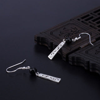Buddha Gift 925 Sterling Silver Black Onyx Hollow Vine Protection Drop Earrings
