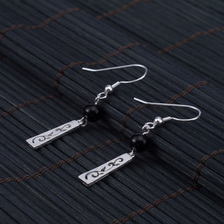 Buddha Gift 925 Sterling Silver Black Onyx Hollow Vine Protection Drop Earrings