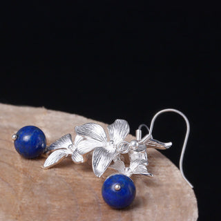 Buddha Gift 925 Sterling Silver Lazurite Ethnic Style Flower Positive Drop Earrings