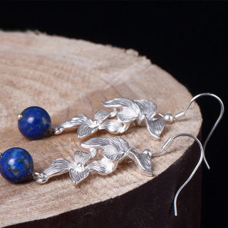 Buddha Gift 925 Sterling Silver Lazurite Ethnic Style Flower Positive Drop Earrings