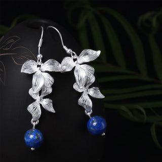 Buddha Gift 925 Sterling Silver Lazurite Ethnic Style Flower Positive Drop Earrings