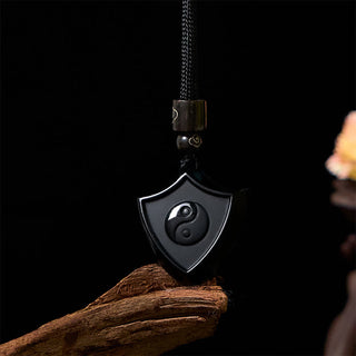 Buddha Gift Black Obsidian Shield Pattern Yin Yang Symbol Strength Necklace Pendant