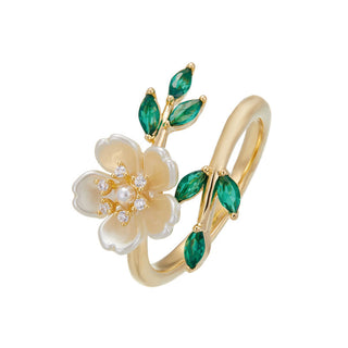 Buddha Gift Pearl Flower Zircon Leaves Happiness Wealth Adjustable Ring