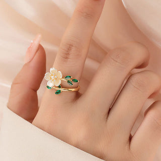 Buddha Gift Pearl Flower Zircon Leaves Happiness Wealth Adjustable Ring