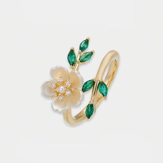 Buddha Gift Pearl Flower Zircon Leaves Happiness Wealth Adjustable Ring