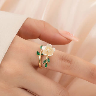 Buddha Gift Pearl Flower Zircon Leaves Happiness Wealth Adjustable Ring