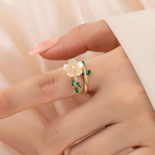 Buddha Gift Pearl Flower Zircon Leaves Happiness Wealth Adjustable Ring