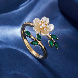 Buddha Gift Pearl Flower Zircon Leaves Happiness Wealth Adjustable Ring