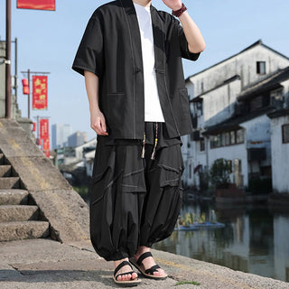 Buddha Gift 2Pcs Black Frog-Button Cotton Men's Kimono Jacket Drawstring Wide Leg Pants With Pockets