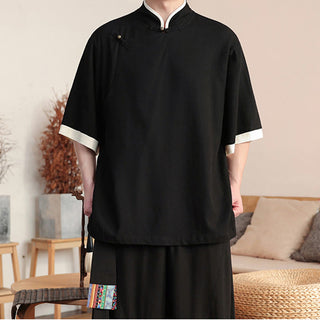 Buddha Gift 2Pcs Chinese Frog-button Men's Shirt Wide Leg Pants Meditation Cloth Set