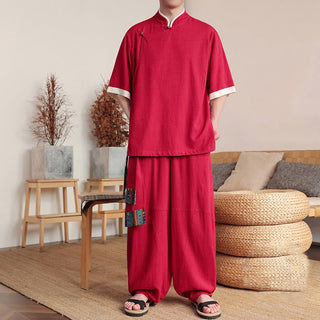 Buddha Gift 2Pcs Chinese Frog-button Men's Shirt Wide Leg Pants Meditation Cloth Set