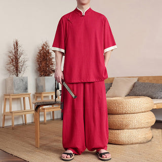 Buddha Gift 2Pcs Chinese Frog-button Men's Shirt Wide Leg Pants Meditation Cloth Set