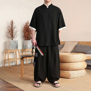 Buddha Gift 2Pcs Chinese Frog-button Men's Shirt Wide Leg Pants Meditation Cloth Set