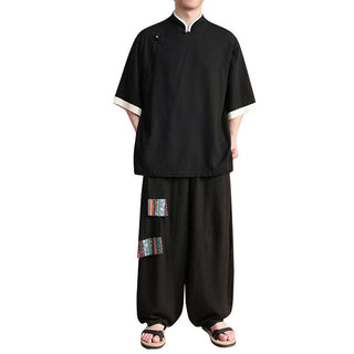 Buddha Gift 2Pcs Chinese Frog-button Men's Shirt Wide Leg Pants Meditation Cloth Set
