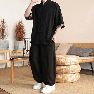 Buddha Gift 2Pcs Patchwork Chinese Frog-Button Shirt Wide Leg Pants Men's Meditation Cloth Set With Pockets