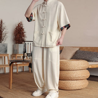 Buddha Gift 2Pcs Patchwork Chinese Frog-Button Shirt Wide Leg Pants Men's Meditation Cloth Set With Pockets