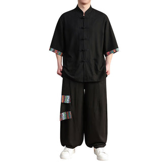 Buddha Gift 2Pcs Patchwork Chinese Frog-Button Shirt Wide Leg Pants Men's Meditation Cloth Set With Pockets