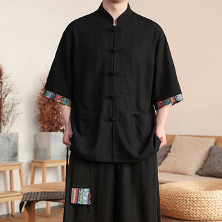 Buddha Gift 2Pcs Patchwork Chinese Frog-Button Shirt Wide Leg Pants Men's Meditation Cloth Set With Pockets