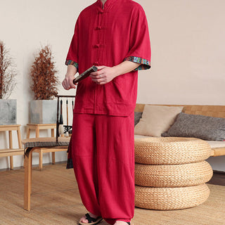 Buddha Gift 2Pcs Patchwork Chinese Frog-Button Shirt Wide Leg Pants Men's Meditation Cloth Set With Pockets