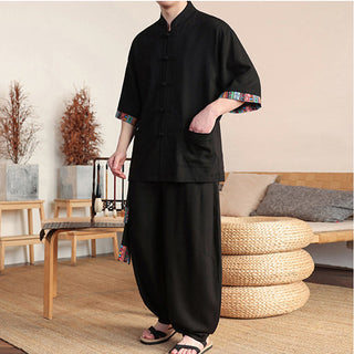 Buddha Gift 2Pcs Patchwork Chinese Frog-Button Shirt Wide Leg Pants Men's Meditation Cloth Set With Pockets