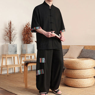 Buddha Gift 2Pcs Patchwork Chinese Frog-Button Shirt Wide Leg Pants Men's Meditation Cloth Set With Pockets