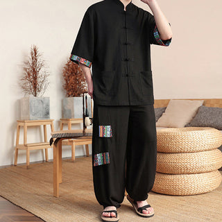 Buddha Gift 2Pcs Patchwork Chinese Frog-Button Shirt Wide Leg Pants Men's Meditation Cloth Set With Pockets