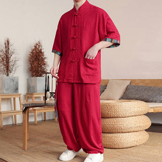 Buddha Gift 2Pcs Patchwork Chinese Frog-Button Shirt Wide Leg Pants Men's Meditation Cloth Set With Pockets