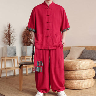 Buddha Gift 2Pcs Patchwork Chinese Frog-Button Shirt Wide Leg Pants Men's Meditation Cloth Set With Pockets