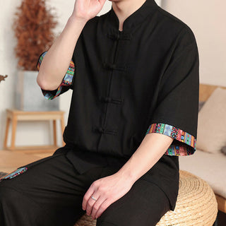 Buddha Gift 2Pcs Patchwork Chinese Frog-Button Shirt Wide Leg Pants Men's Meditation Cloth Set With Pockets