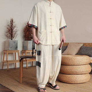 Buddha Gift 2Pcs Patchwork Chinese Frog-Button Shirt Wide Leg Pants Men's Meditation Cloth Set With Pockets