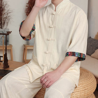 Buddha Gift 2Pcs Patchwork Chinese Frog-Button Shirt Wide Leg Pants Men's Meditation Cloth Set With Pockets