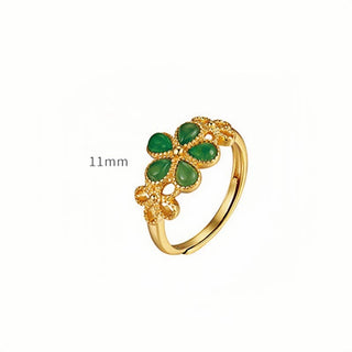 Buddha Gift Natural Hetian Jade 925 Sterling Silver Plated Gold Flower Adjustable Prosperity Ring