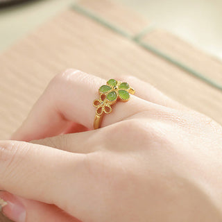 Buddha Gift Natural Hetian Jade 925 Sterling Silver Plated Gold Flower Adjustable Prosperity Ring