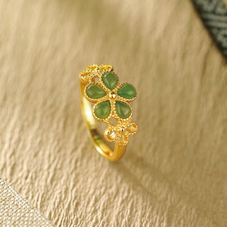 Buddha Gift Natural Hetian Jade 925 Sterling Silver Plated Gold Flower Adjustable Prosperity Ring