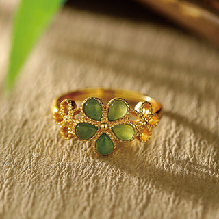 Buddha Gift Natural Hetian Jade 925 Sterling Silver Plated Gold Flower Adjustable Prosperity Ring