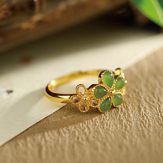 Buddha Gift Natural Hetian Jade 925 Sterling Silver Plated Gold Flower Adjustable Prosperity Ring
