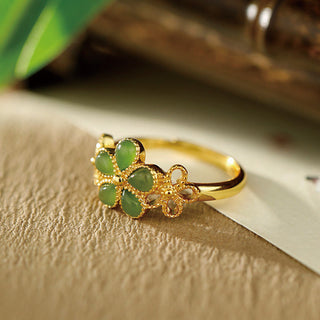 Buddha Gift Natural Hetian Jade 925 Sterling Silver Plated Gold Flower Adjustable Prosperity Ring