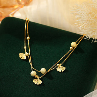 Buddha Gift 925 Sterling Silver Ginkgo Leaf Double Layer Protection Anklet
