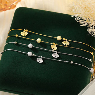 Buddha Gift 925 Sterling Silver Ginkgo Leaf Double Layer Protection Anklet